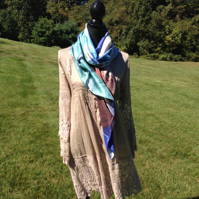 Square scarves doubled up for a long look