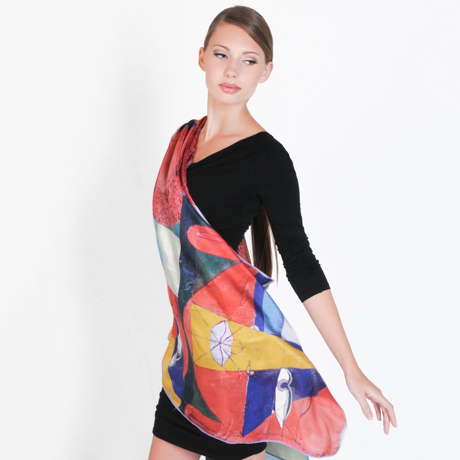 Model wearing Chetna Singh Multi Color Buddha Face Square Silk Scarf.