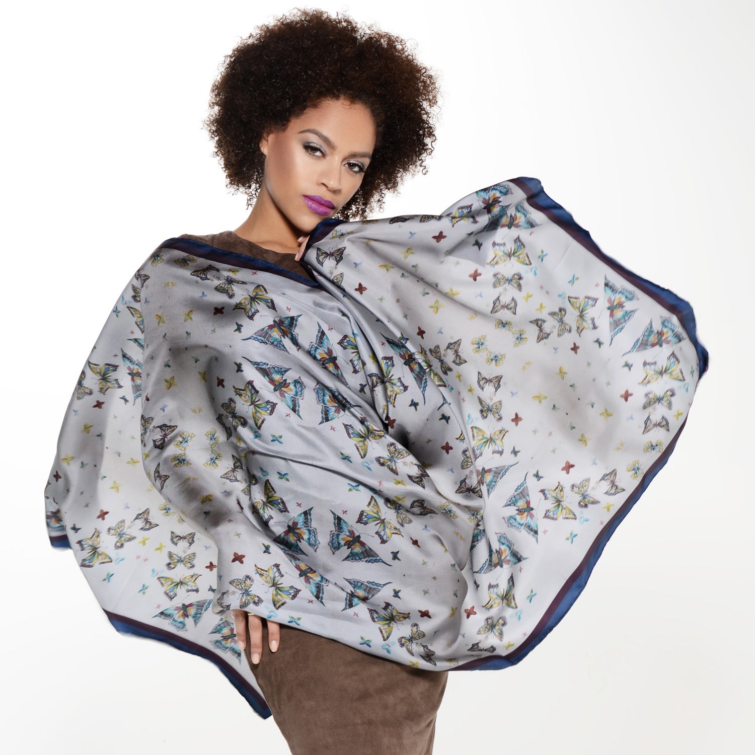 Model wearing Chetna Singh butterfly print long silk scarf.