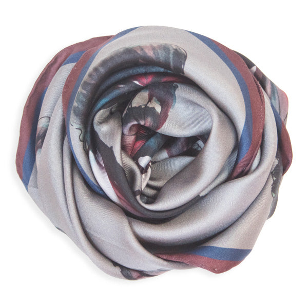 Chetna Singh grey butterfly print square silk scarf.