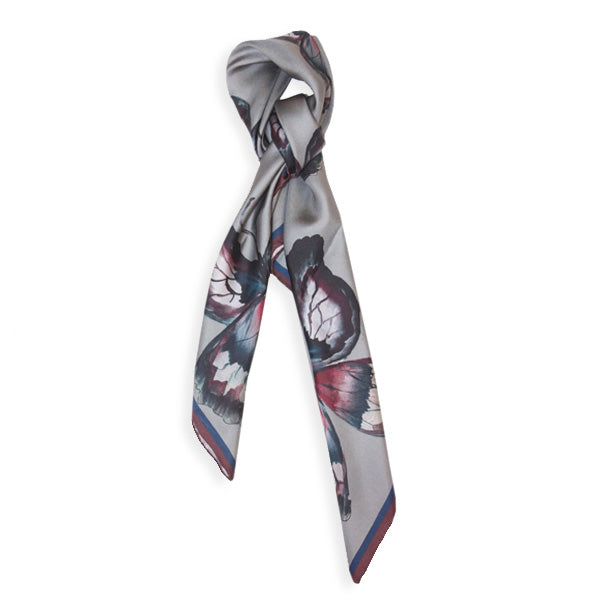 Chetna Singh grey butterfly print square silk scarf.