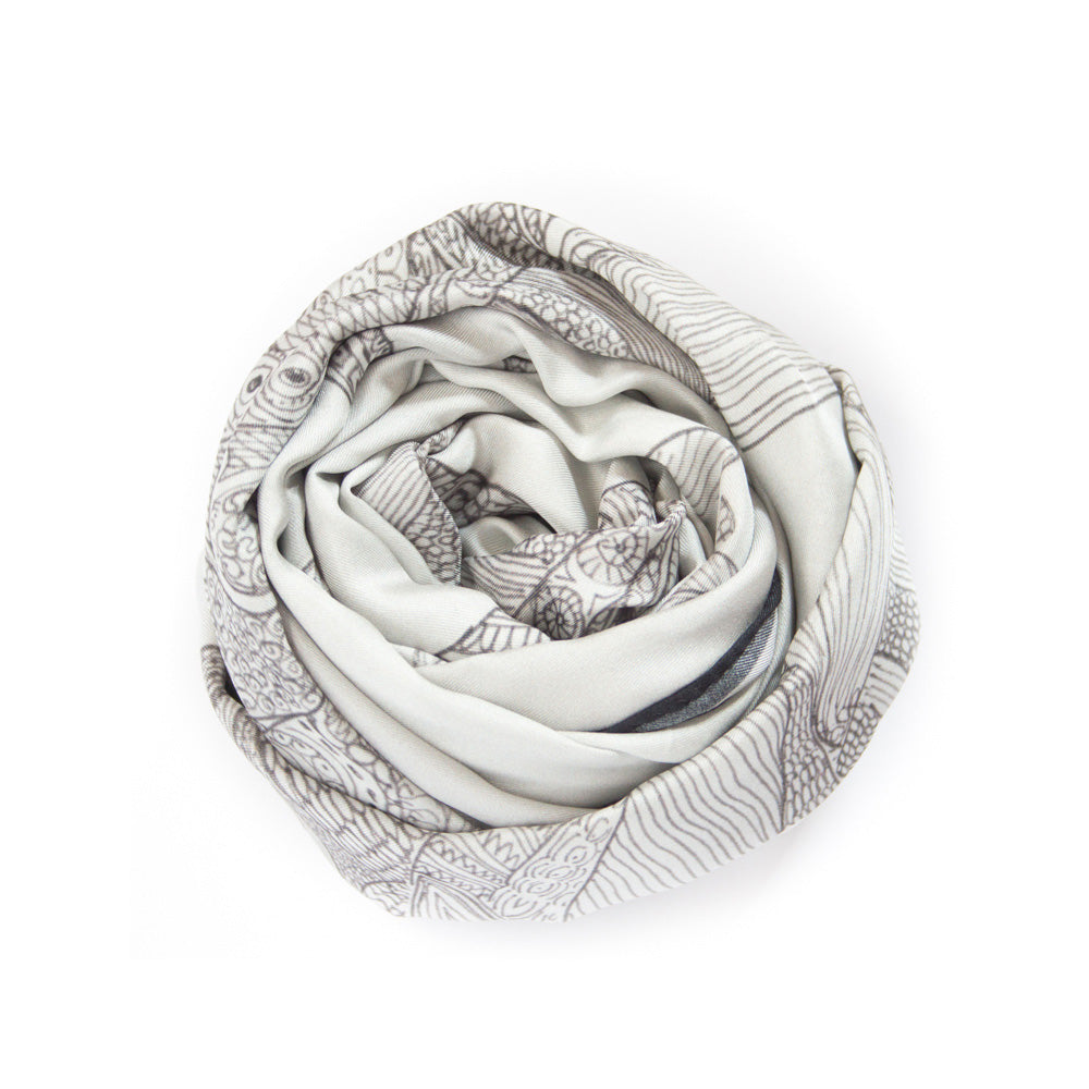 Chetna Singh white henna horse print long silk scarf.