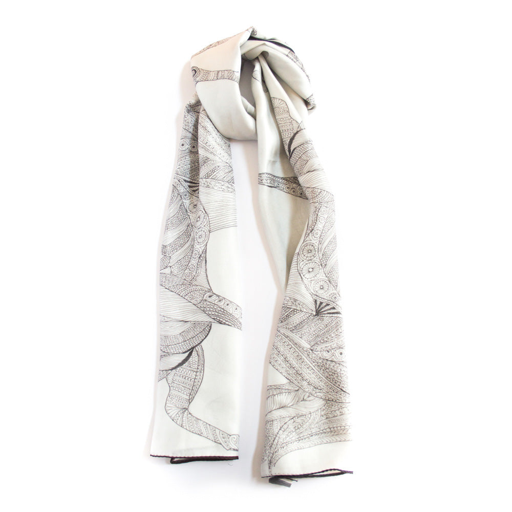 Chetna Singh white henna horse print long silk scarf. 