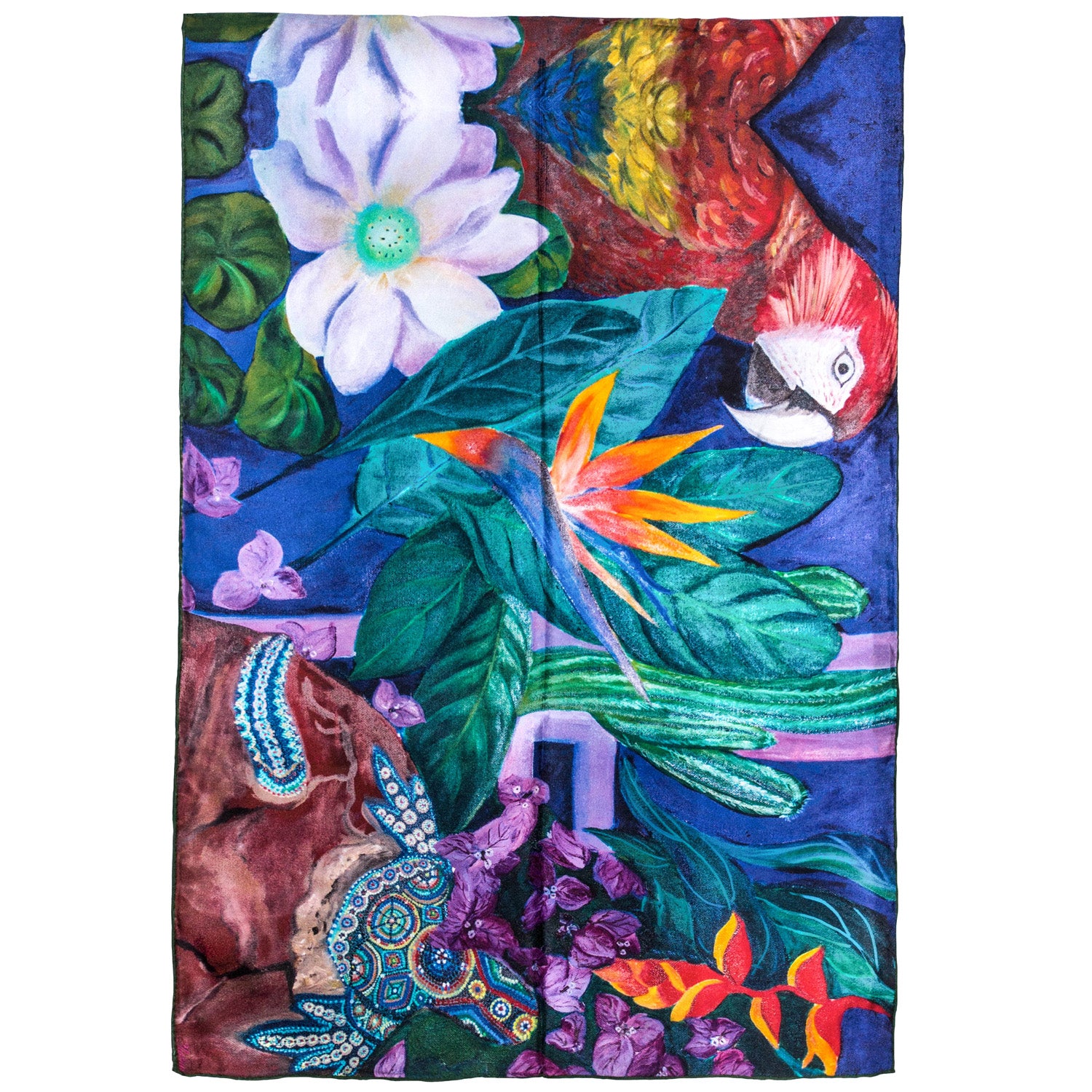 Chetna Singh bold jewel tone bird and floral print long silk scarf.