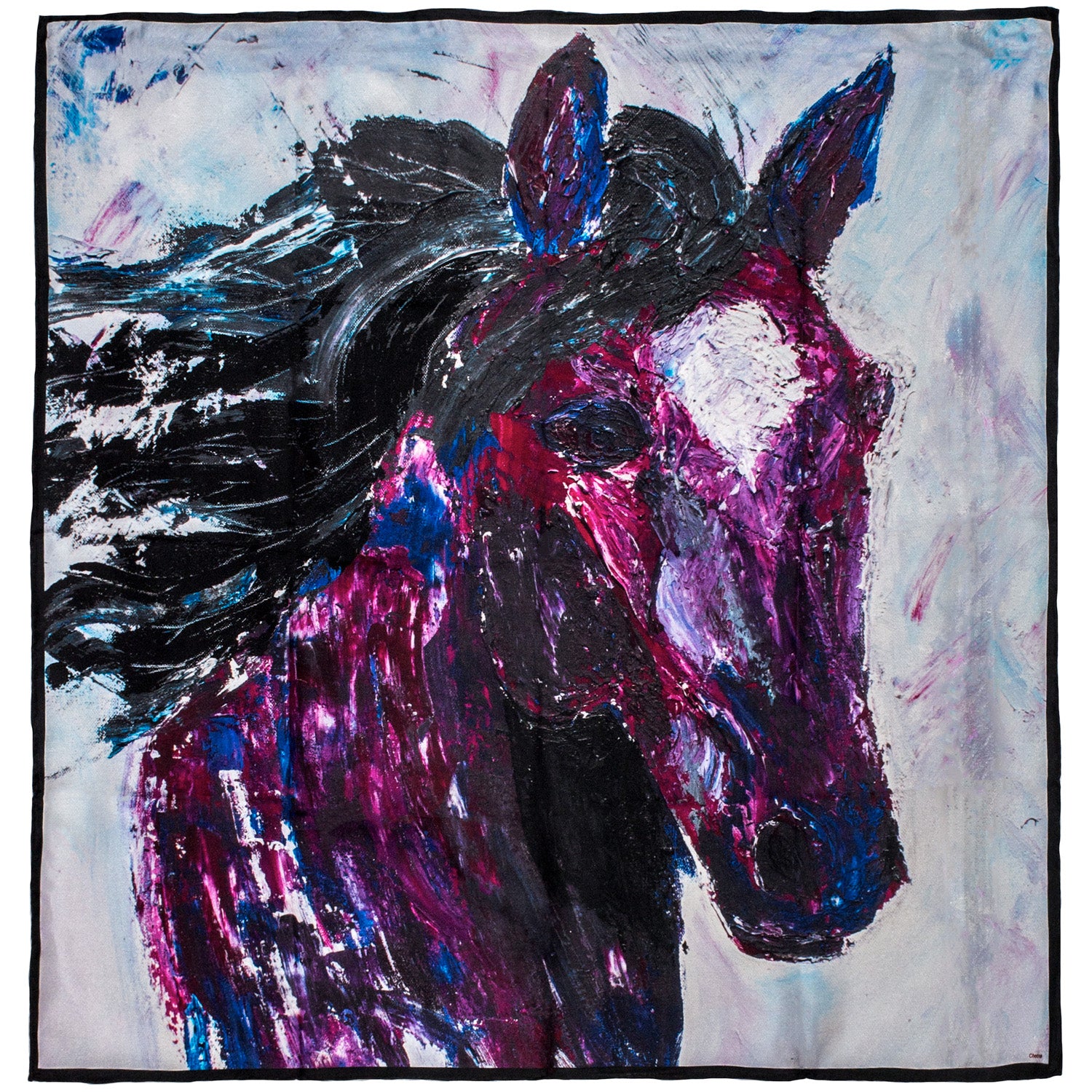 Chetna Singh white and purple horse print square silk scarf. 