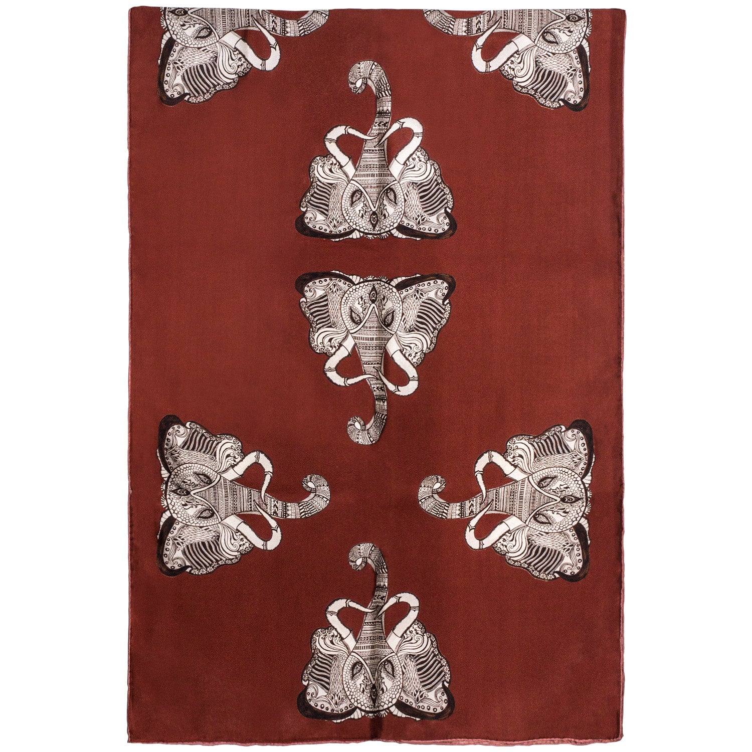 Chetna Singh orange and rust tone elephant print long silk scarf.