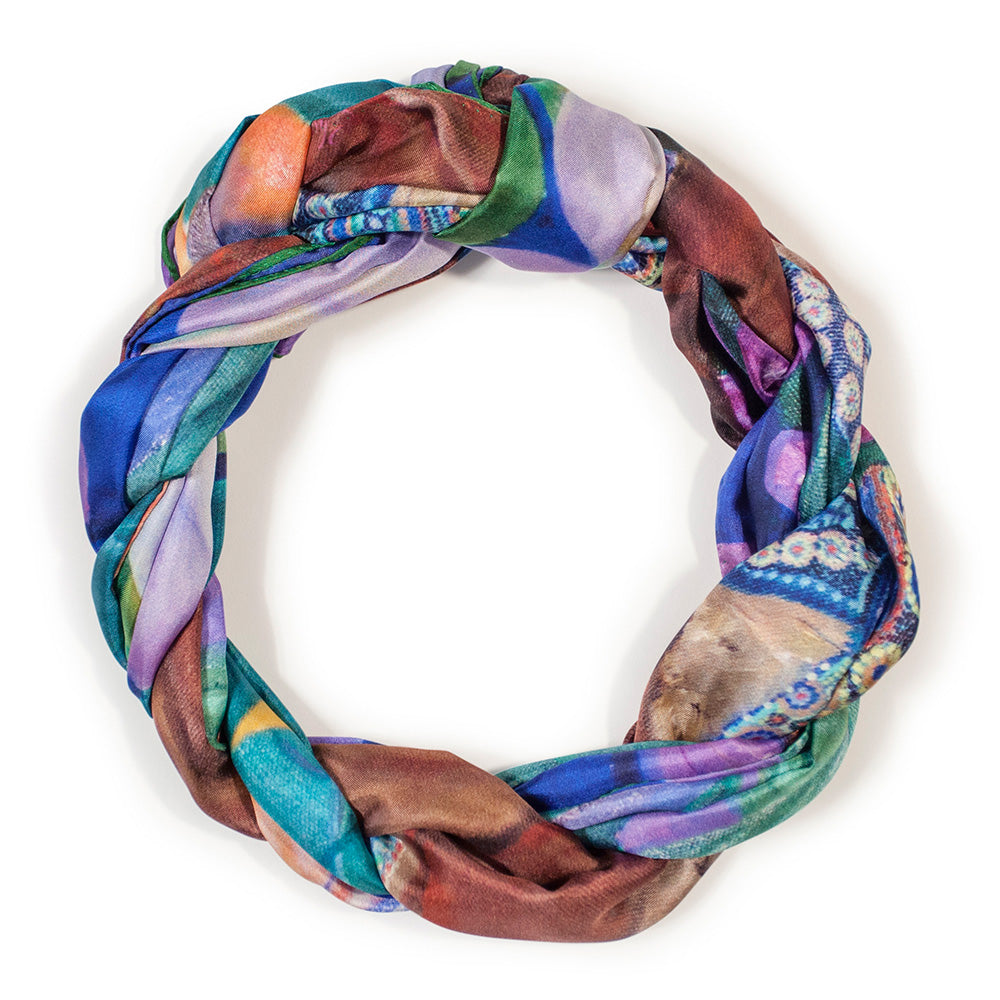 Chetna Singh bold jewel tone bird and floral print long silk scarf.