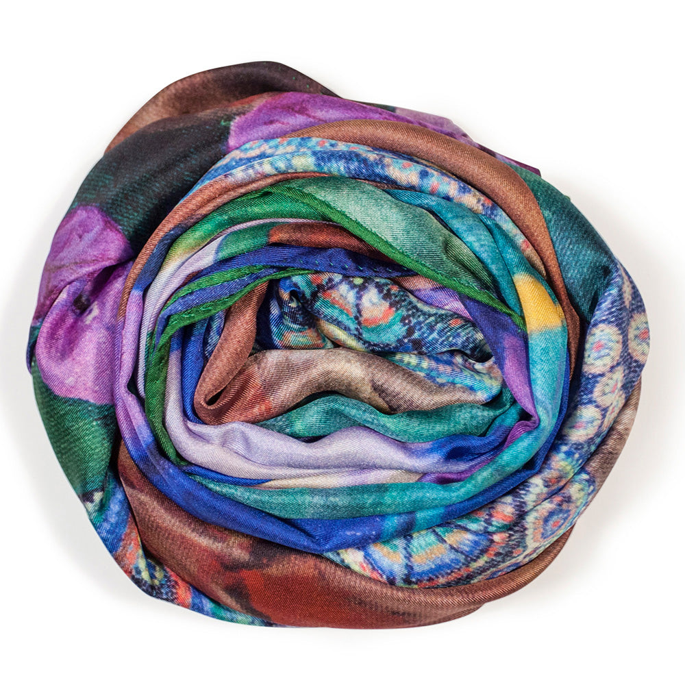 Chetna Singh bold jewel tone bird and floral print long silk scarf.