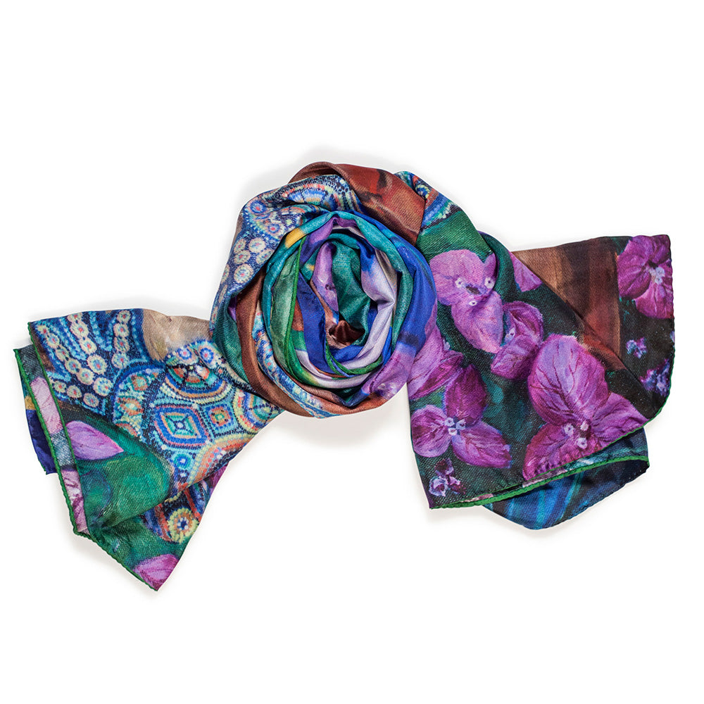 Chetna Singh bold jewel tone bird and floral print long silk scarf.