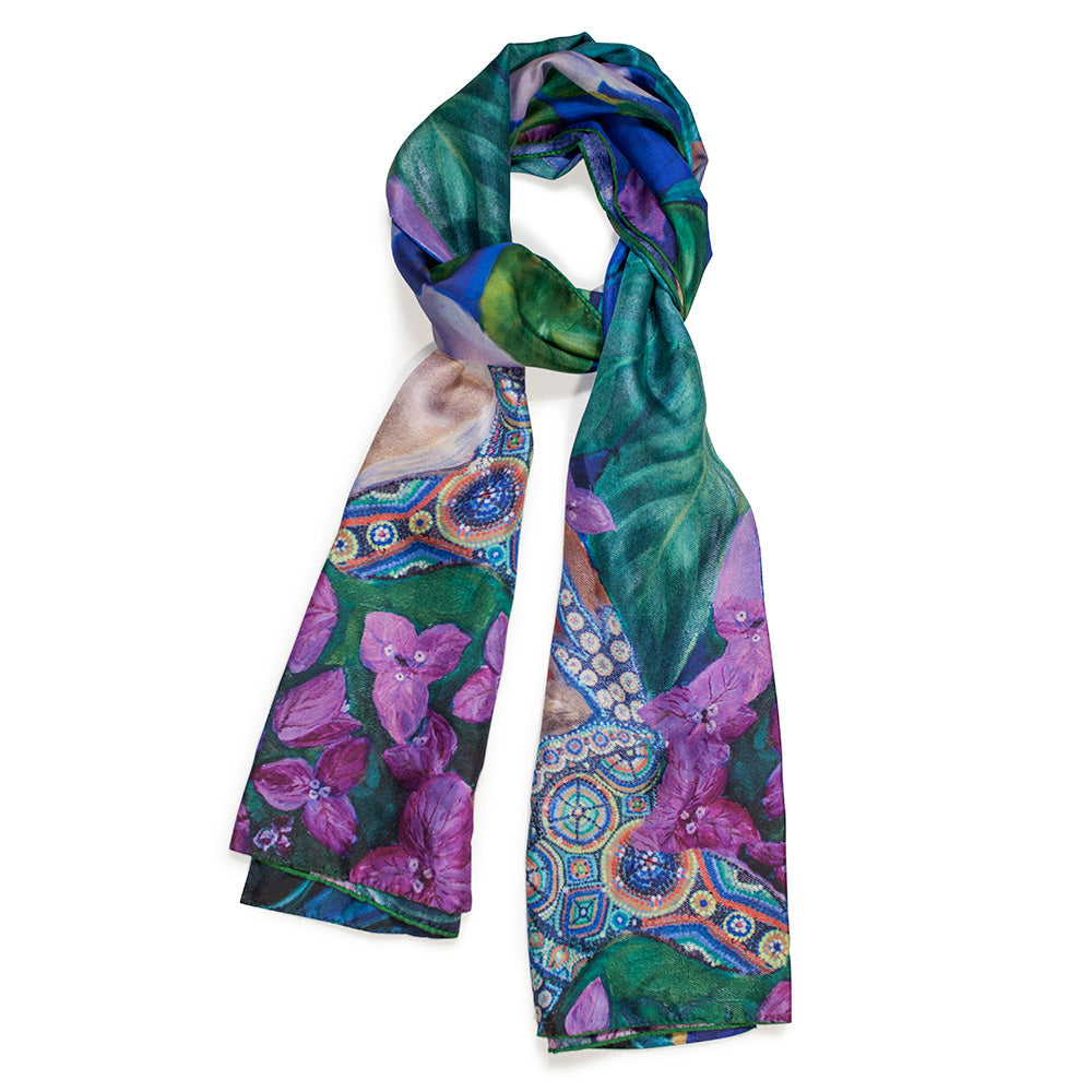 Chetna Singh bold jewel tone bird and floral print long silk scarf.