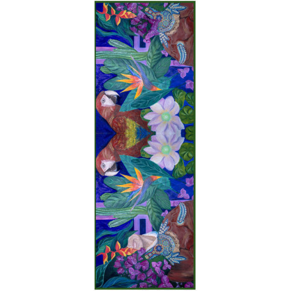 Chetna Singh bold jewel tone bird and floral print long silk scarf.
