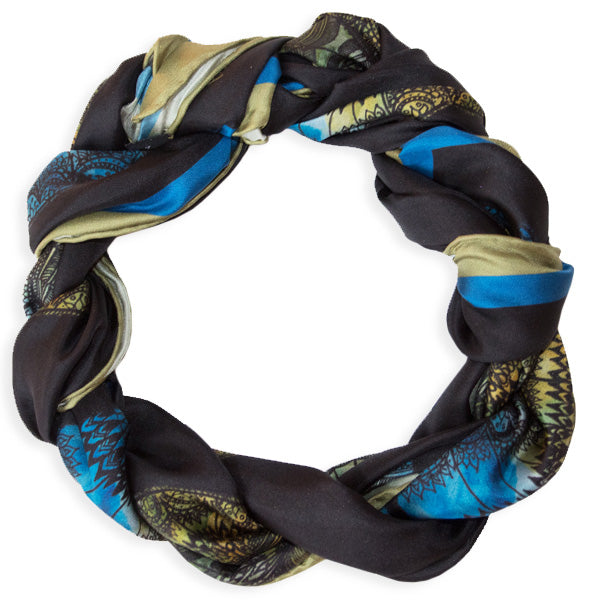 Chetna Singh black butterfly print long silk scarf.