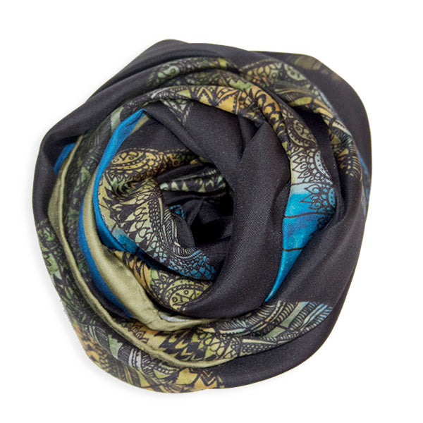 Chetna Singh black butterfly print long silk scarf.