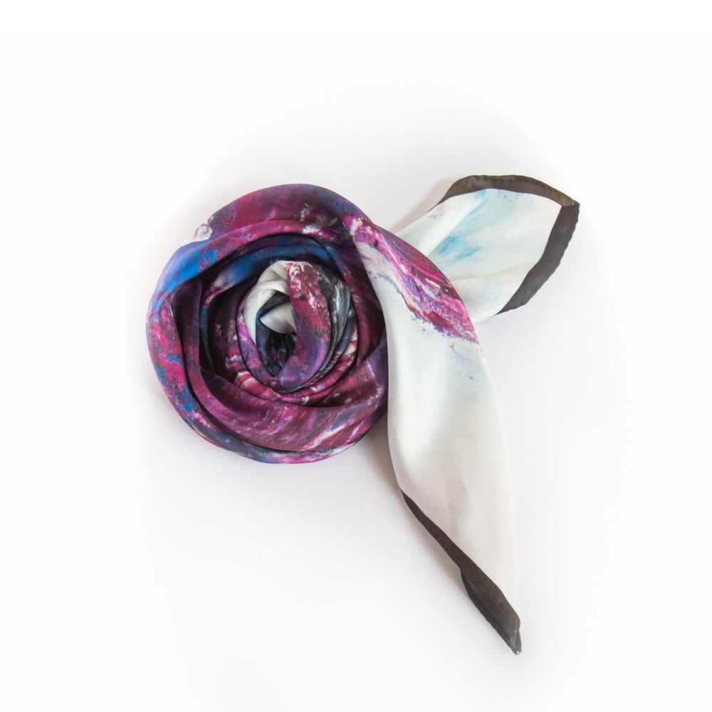 Chetna Singh white and purple horse print square silk scarf.