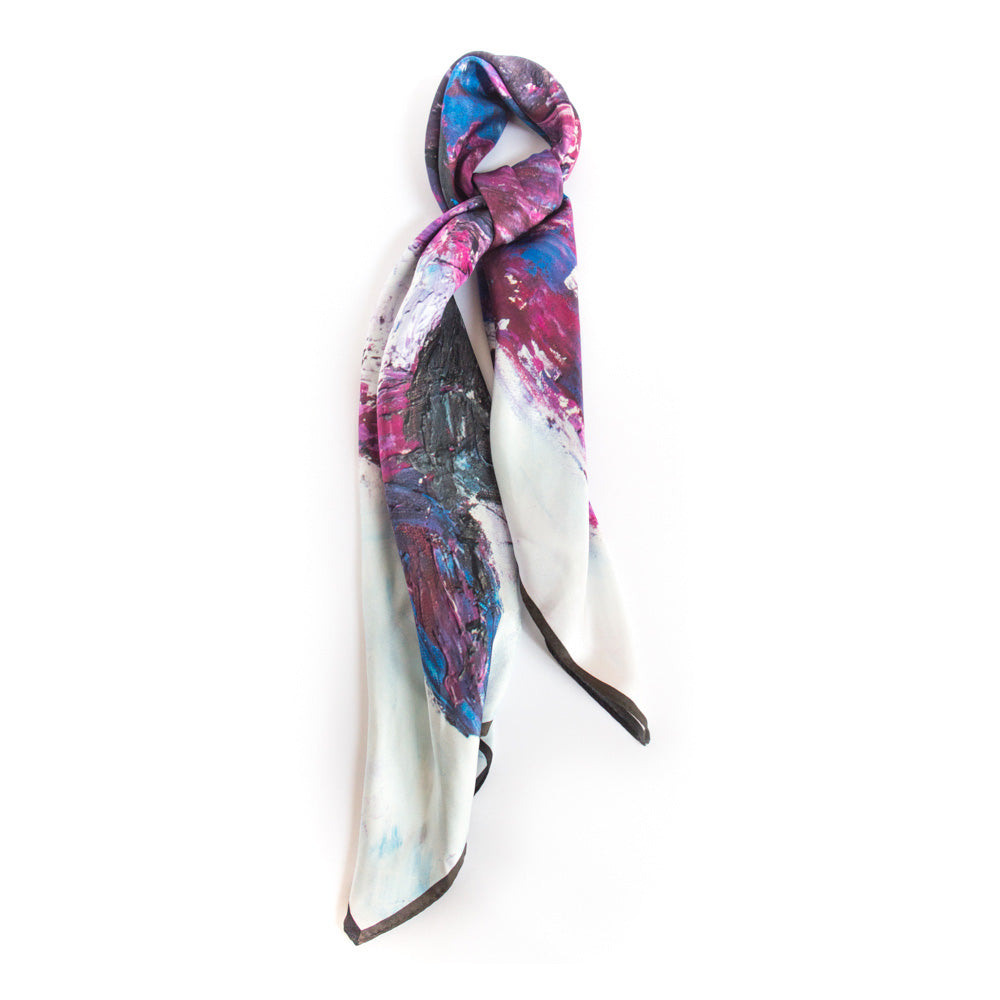 Chetna Singh white and purple horse print square silk scarf.