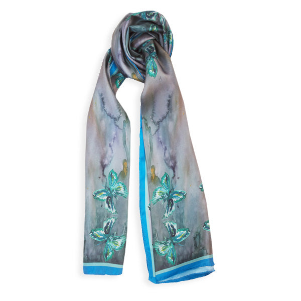 Chetna Singh jewel tone butterfly print long silk scarf.
