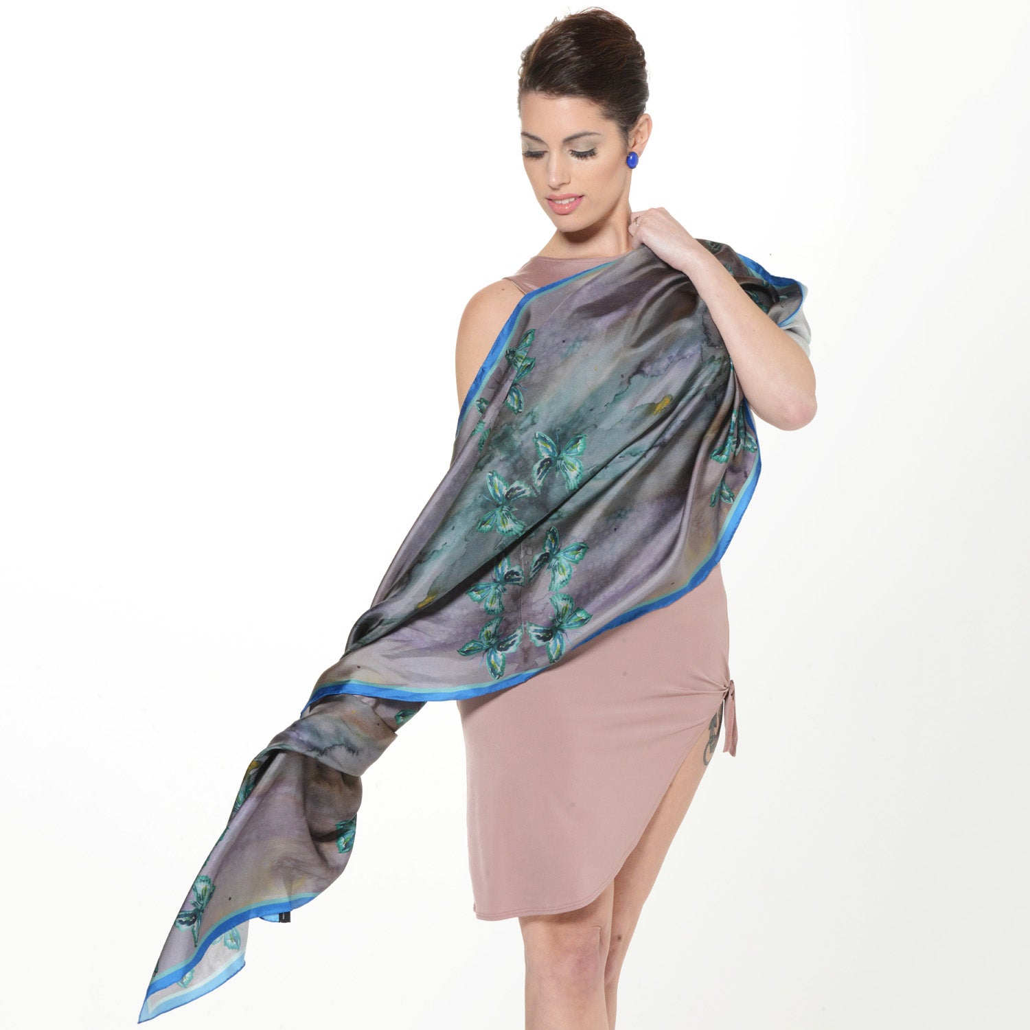 Model wearing Chetna Singh jewel tone butterfly print long silk scarf.