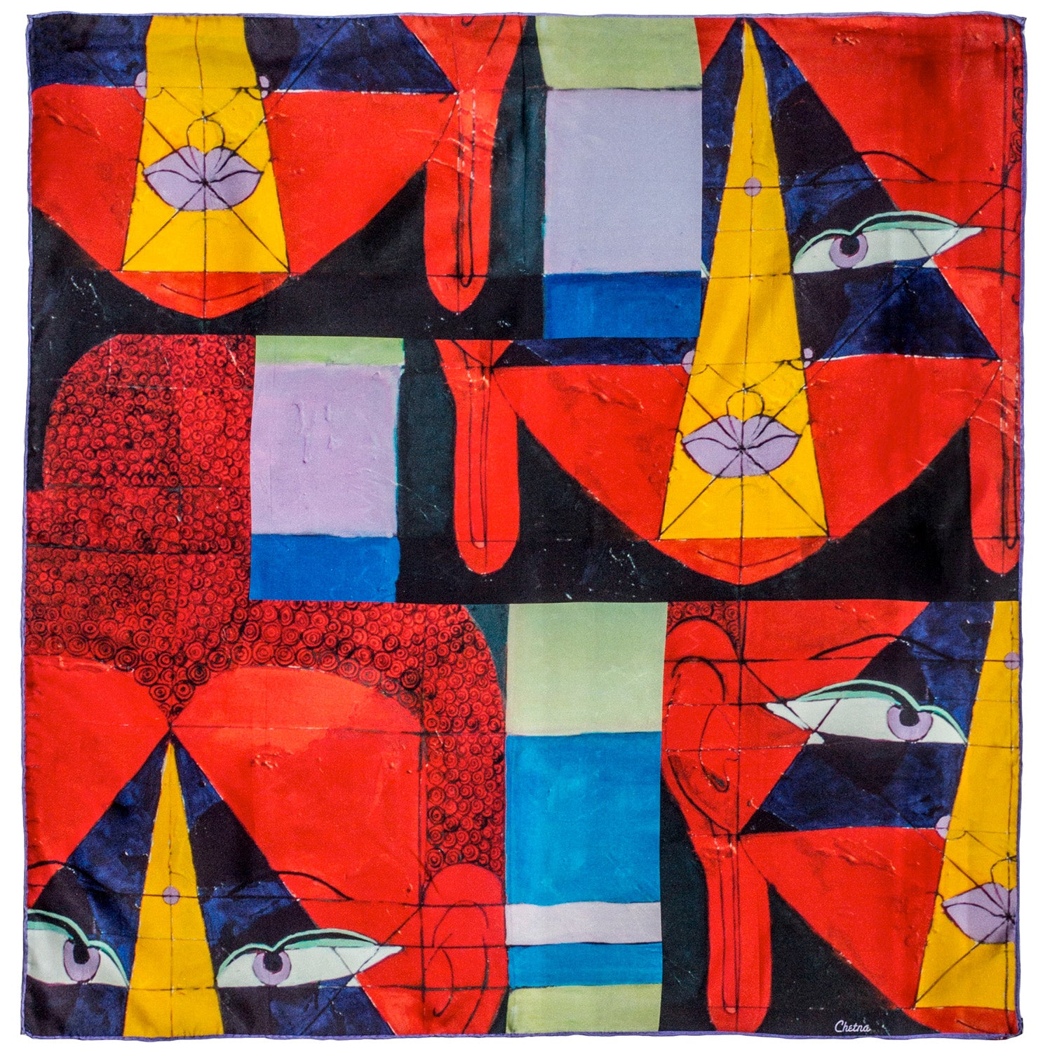 Chetna Singh Multi Color Buddha Face Square Silk Scarf. 