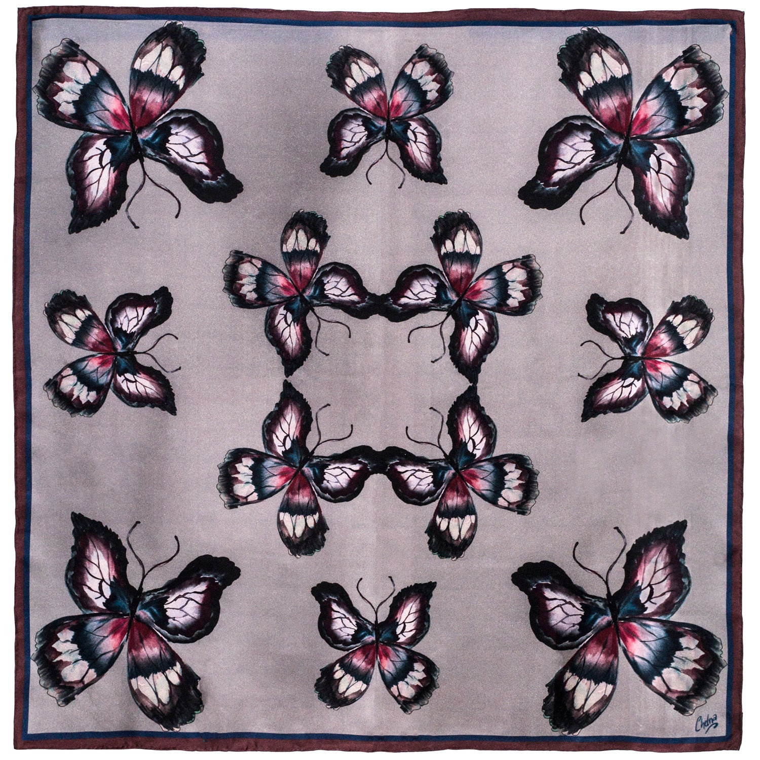 Chetna Singh grey butterfly print square silk scarf.