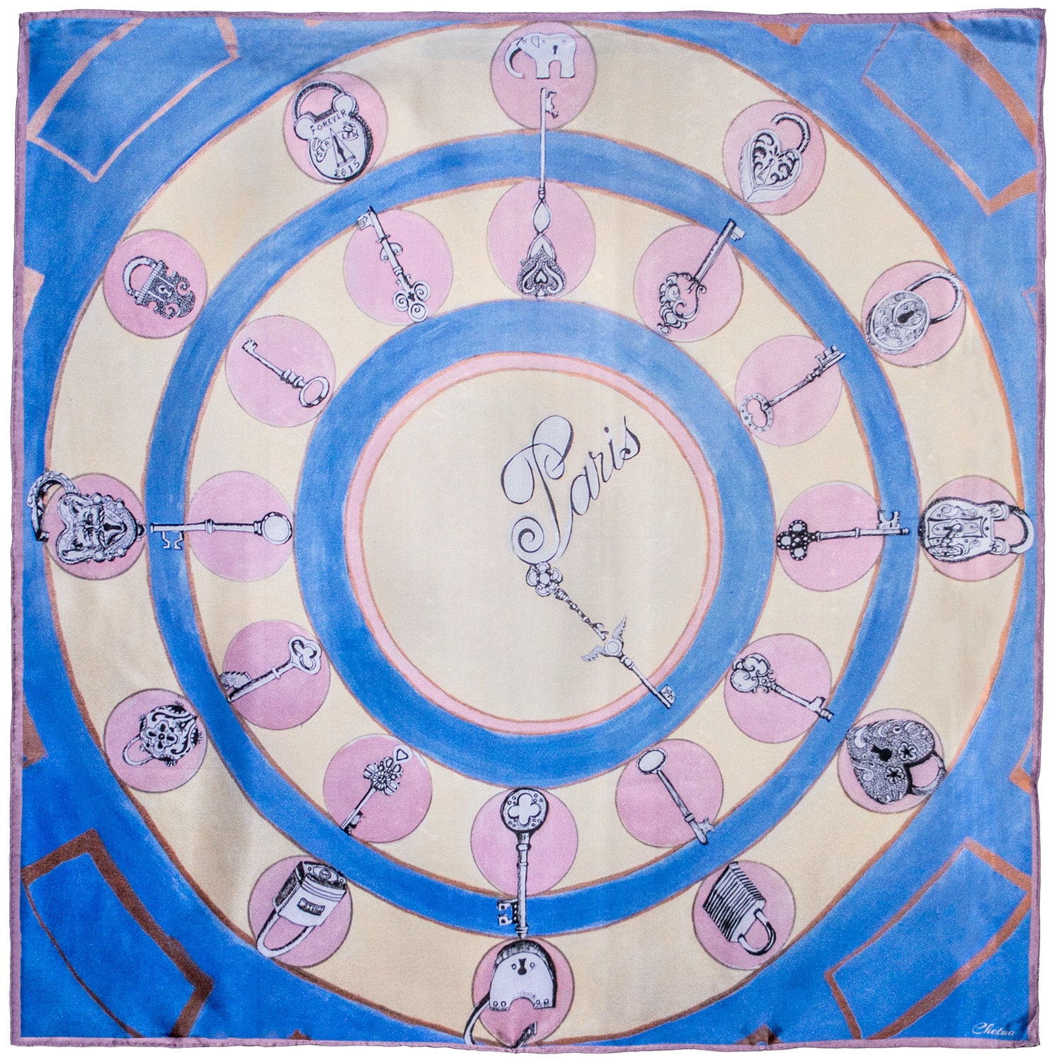 Chetna Singh key and lock "Paris" print square silk scarf.