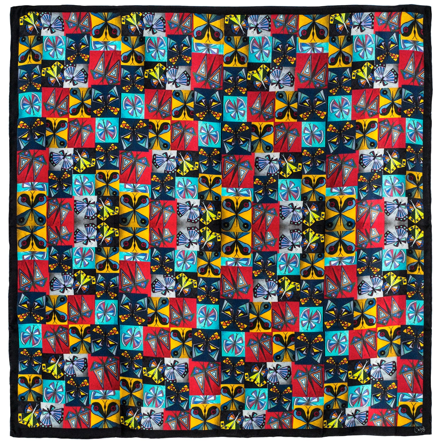 Chetna Singh multi-color butterfly print square silk scarf.