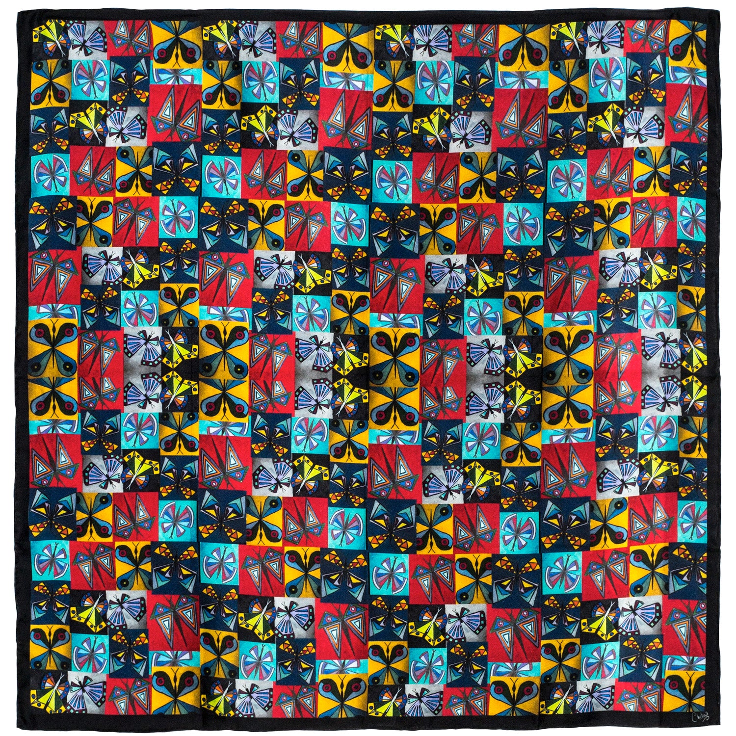 Chetna Singh multi-color butterfly print square silk scarf. 