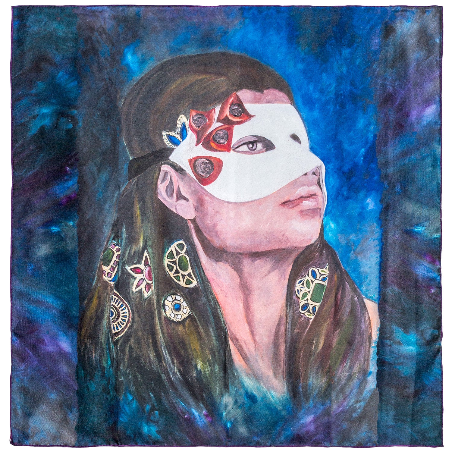 Chetna Singh blue tone Venetian woman in mask print silk scarf. 