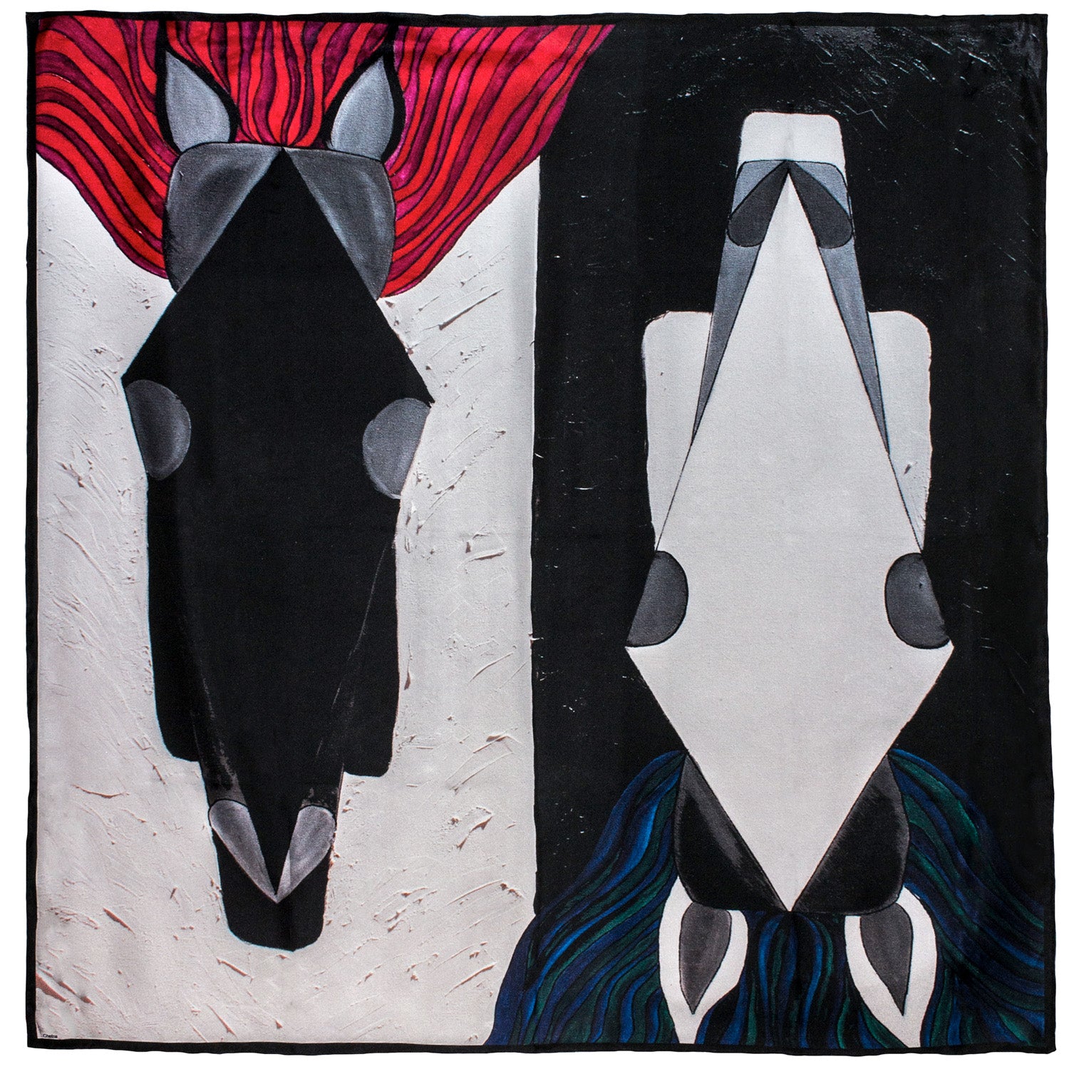 Chetna Singh black and white horse print silk scarf.