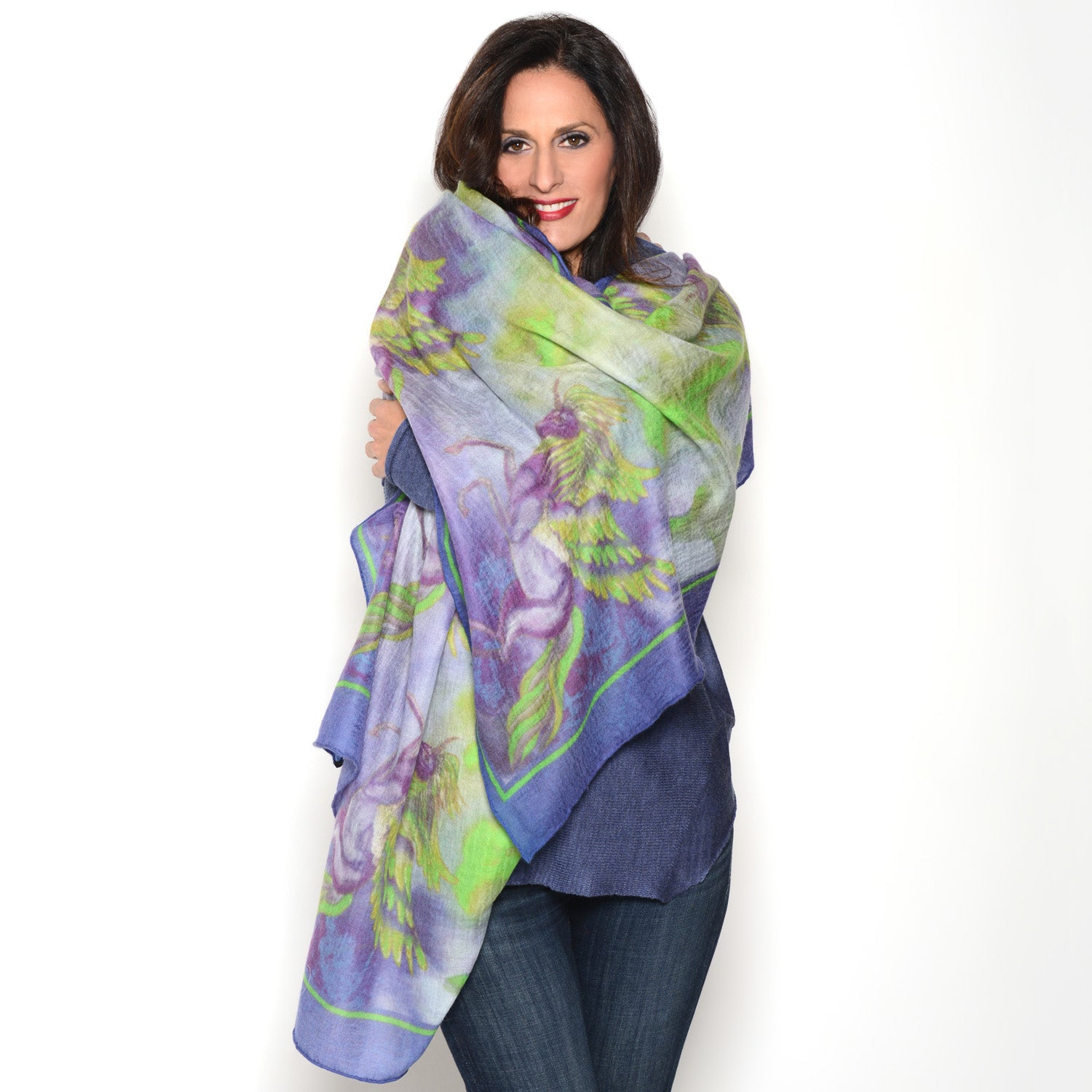 Model wearing Chetna Singh purple and green printed Phoenix cashmere scarf. 