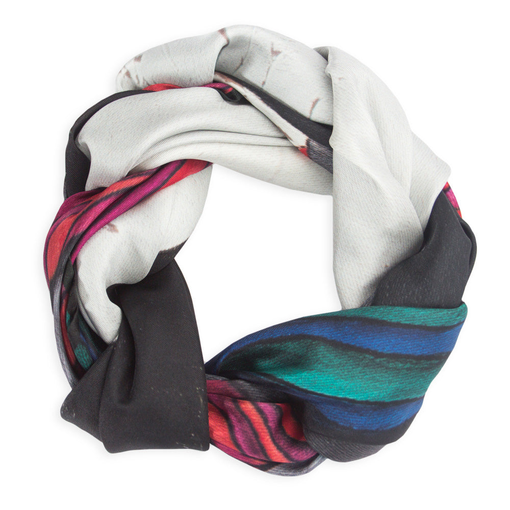Chetna Singh black and white horse print silk scarf.