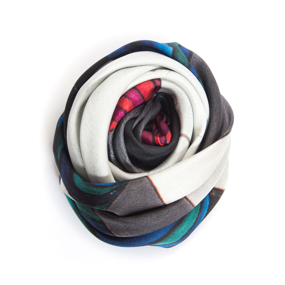 Chetna Singh black and white horse print silk scarf.