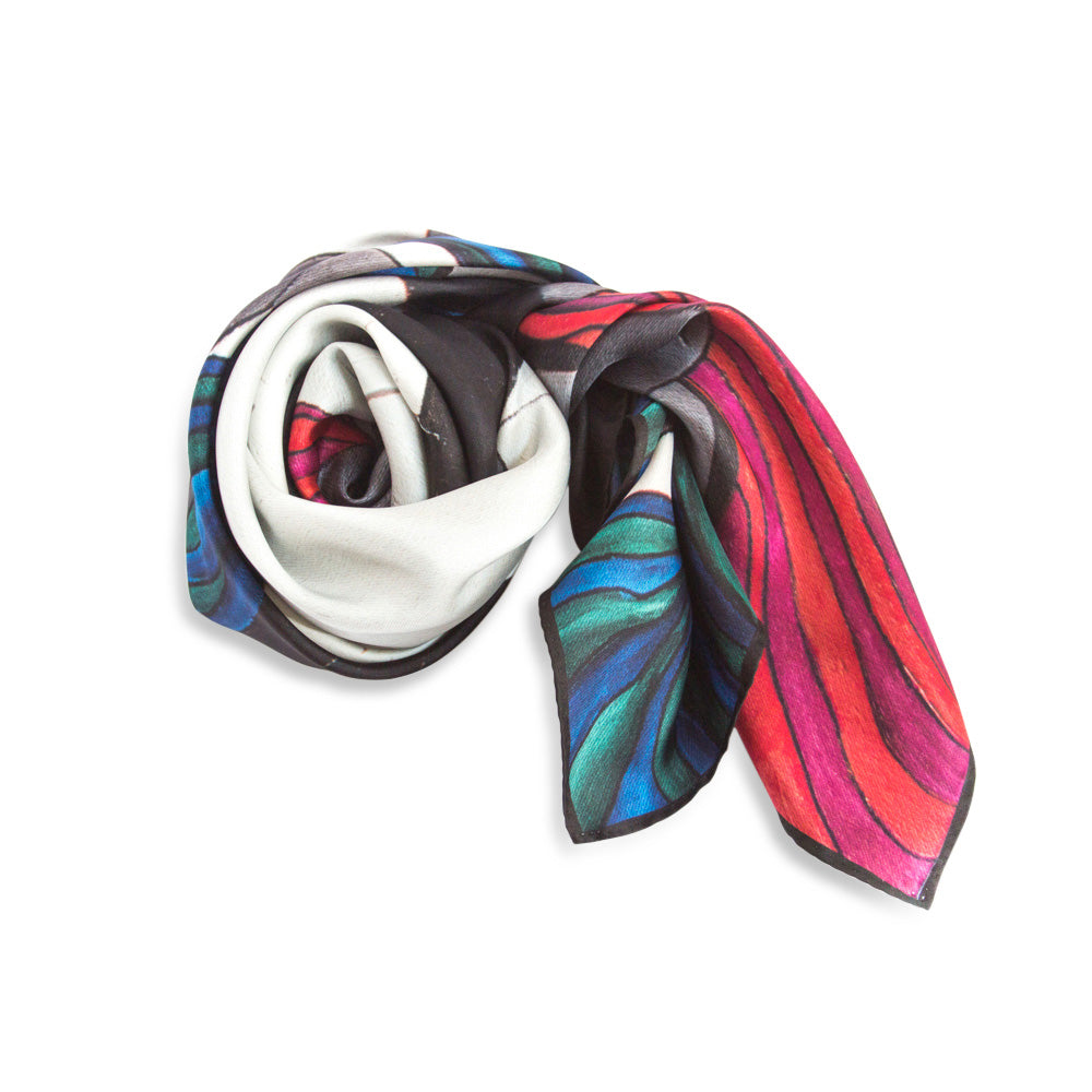 Chetna Singh black and white horse print silk scarf.