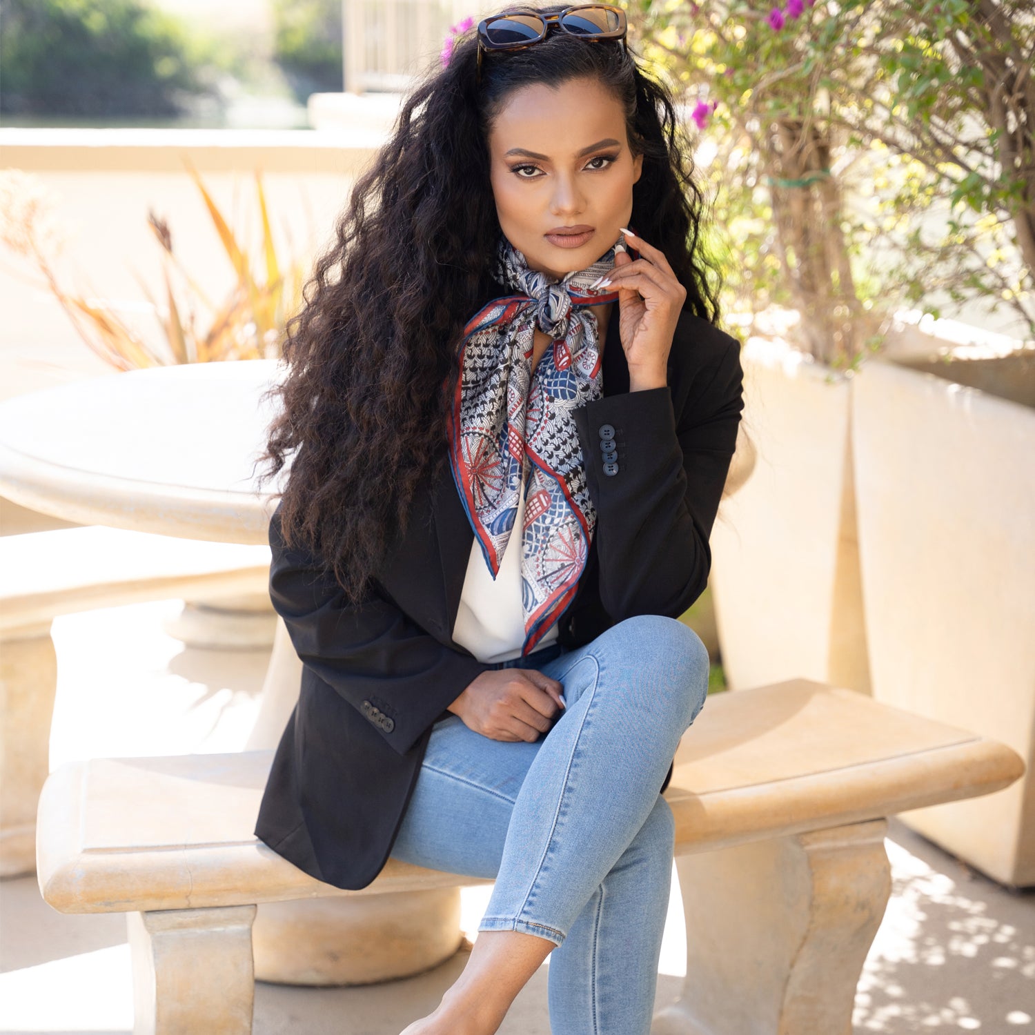 London silk scarf on model from chetnasingh scarf