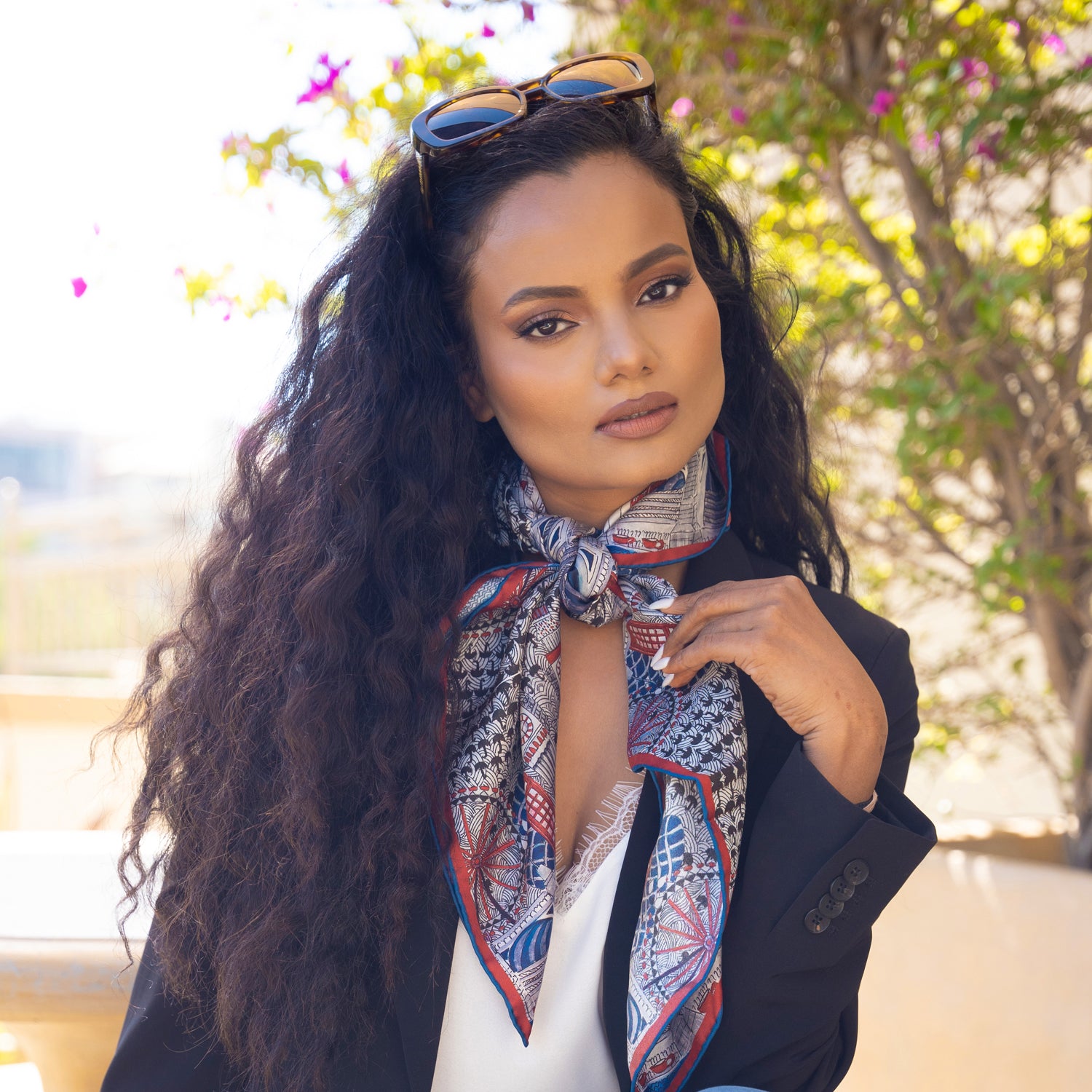 London scarf on model, silk scarf from chetnasingh folklore collection