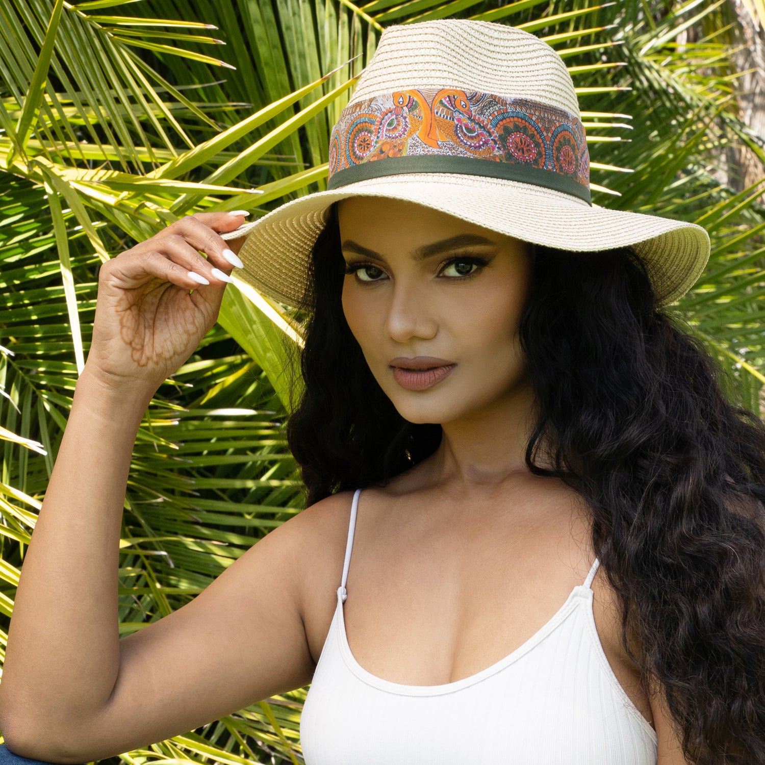 India inspired twilly in orange and green , tied on a hat
