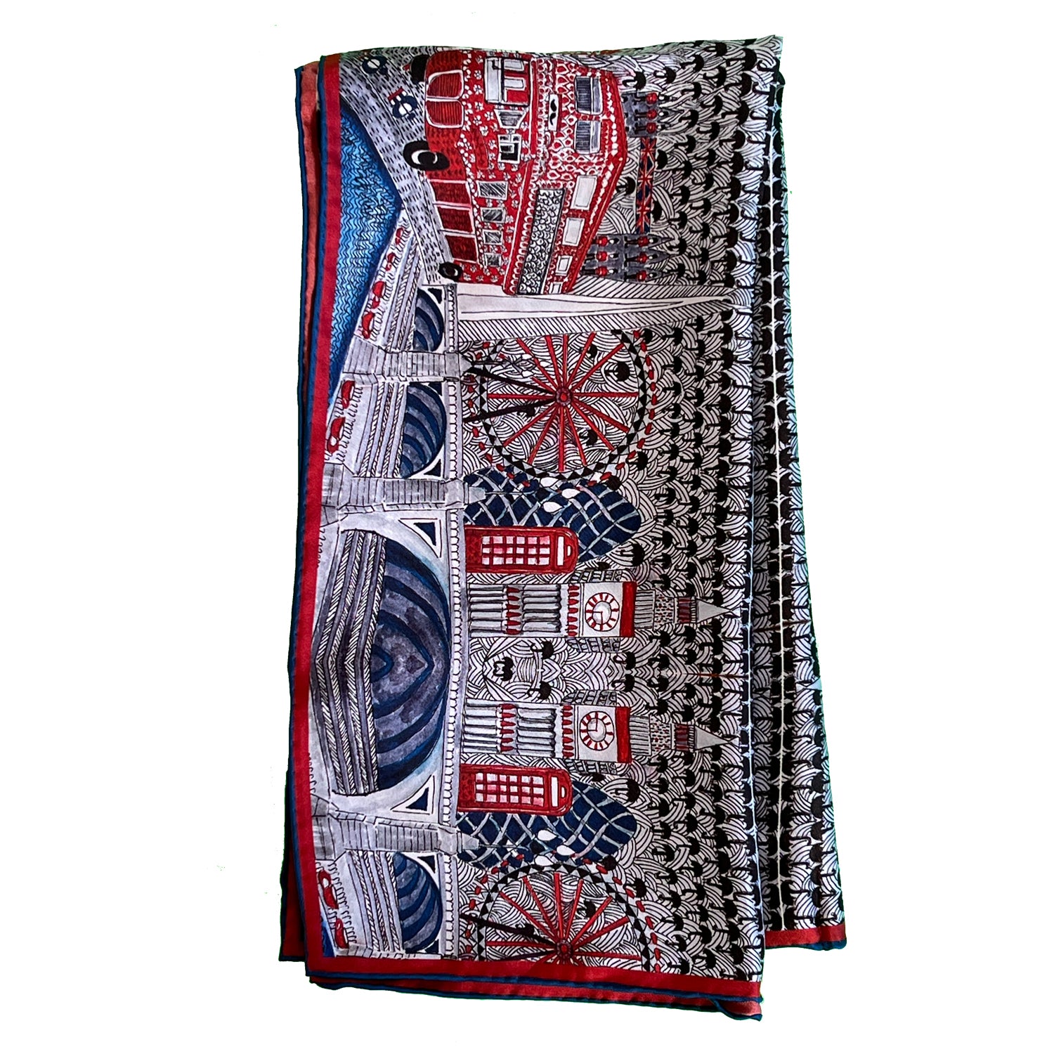 folded London scarf with cityscape details, hand painted, printed on silk