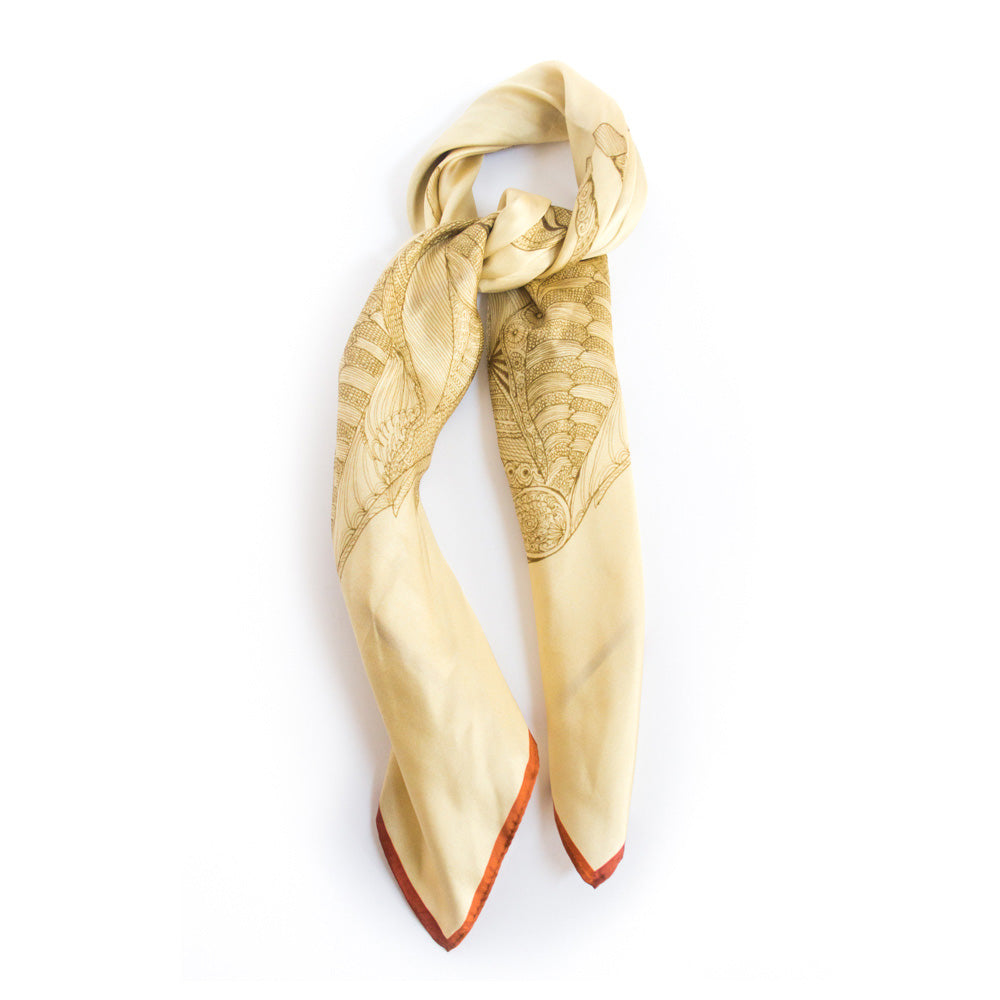 Chetna Singh gold tone horse print square silk scarf. 