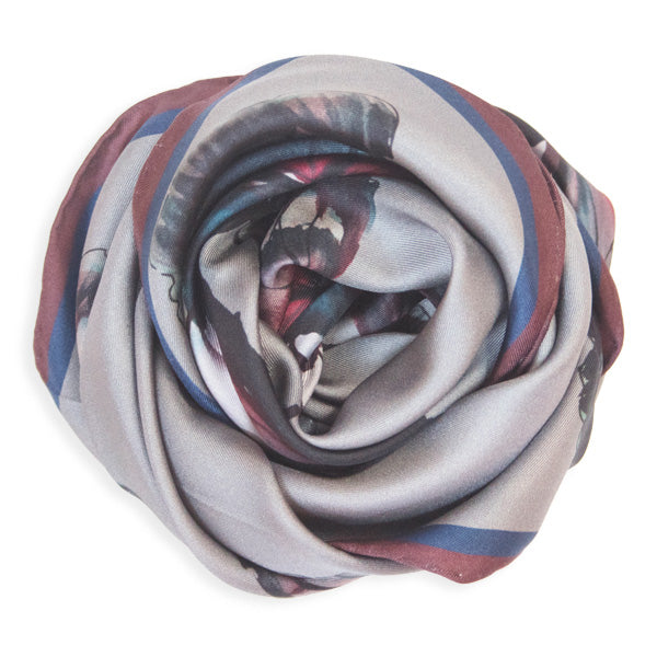 Chetna Singh grey butterfly print square silk scarf. 