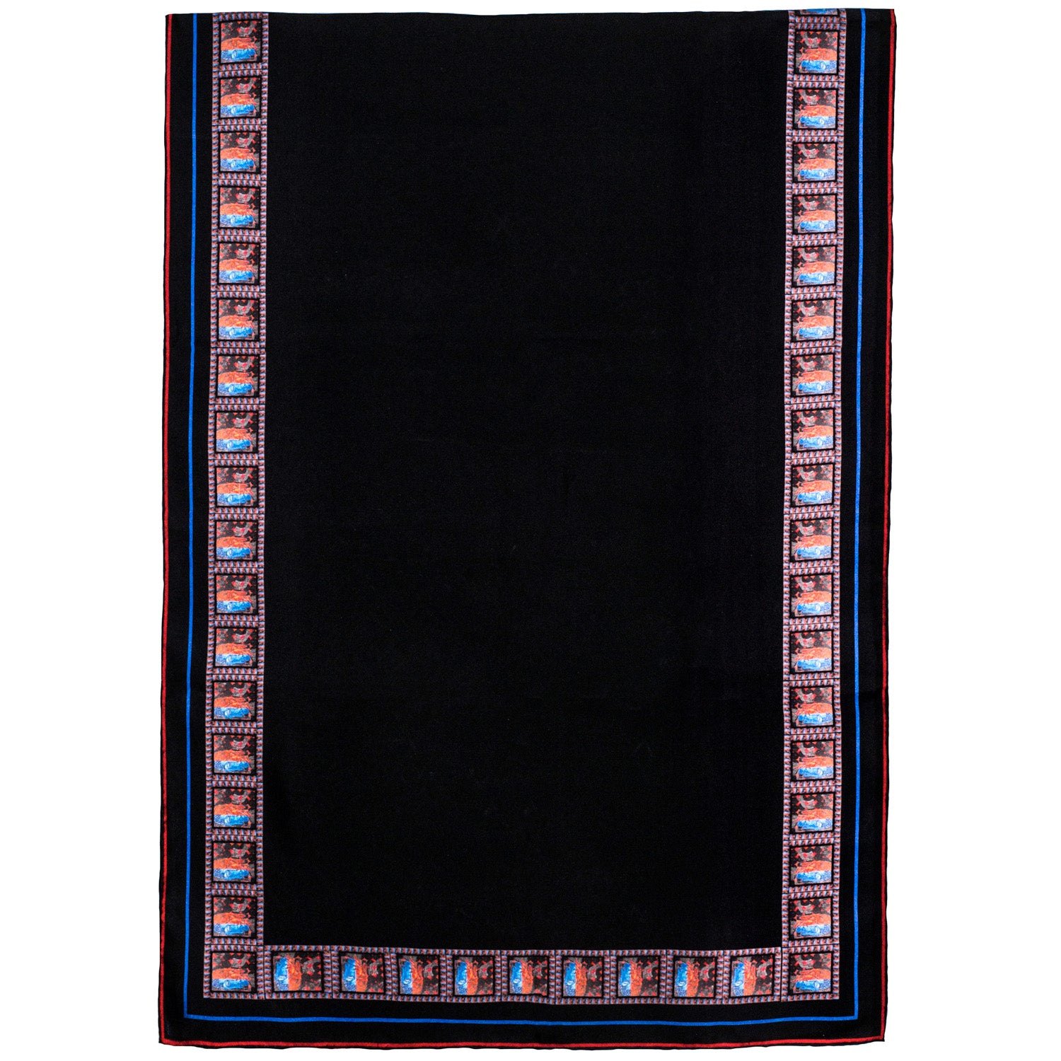Chetna Singh black silk scarf with Buddha print trim. 
