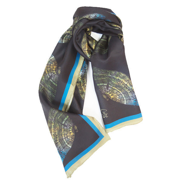 Chetna Singh black butterfly print long silk scarf. 