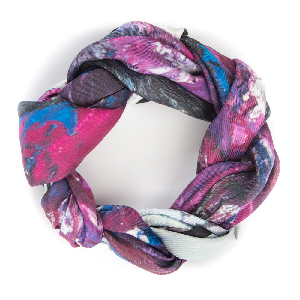 Chetna Singh white and purple horse print square silk scarf. 