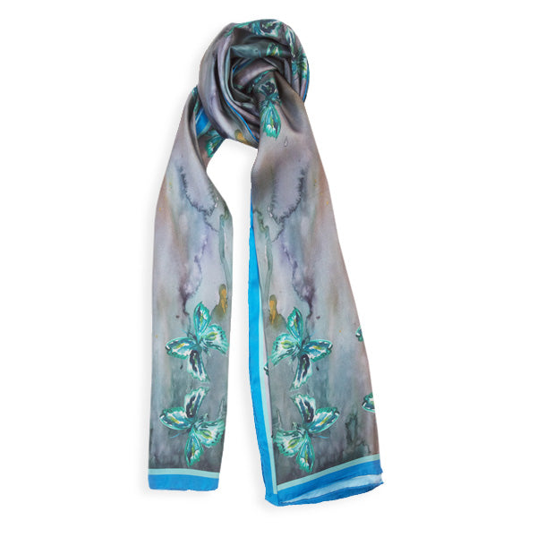 Chetna Singh jewel tone butterfly print long silk scarf. 