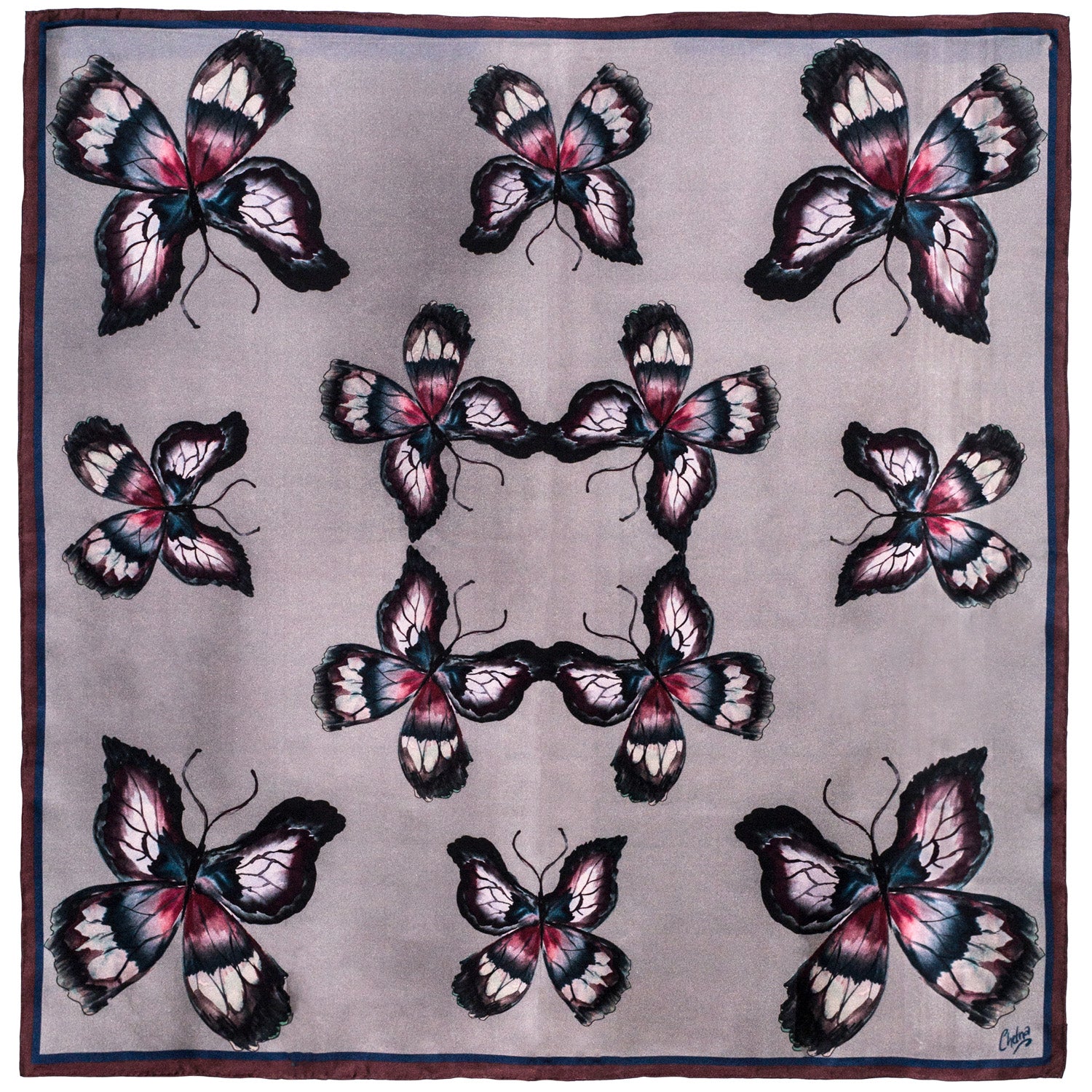 Chetna Singh grey butterfly print square silk scarf. 