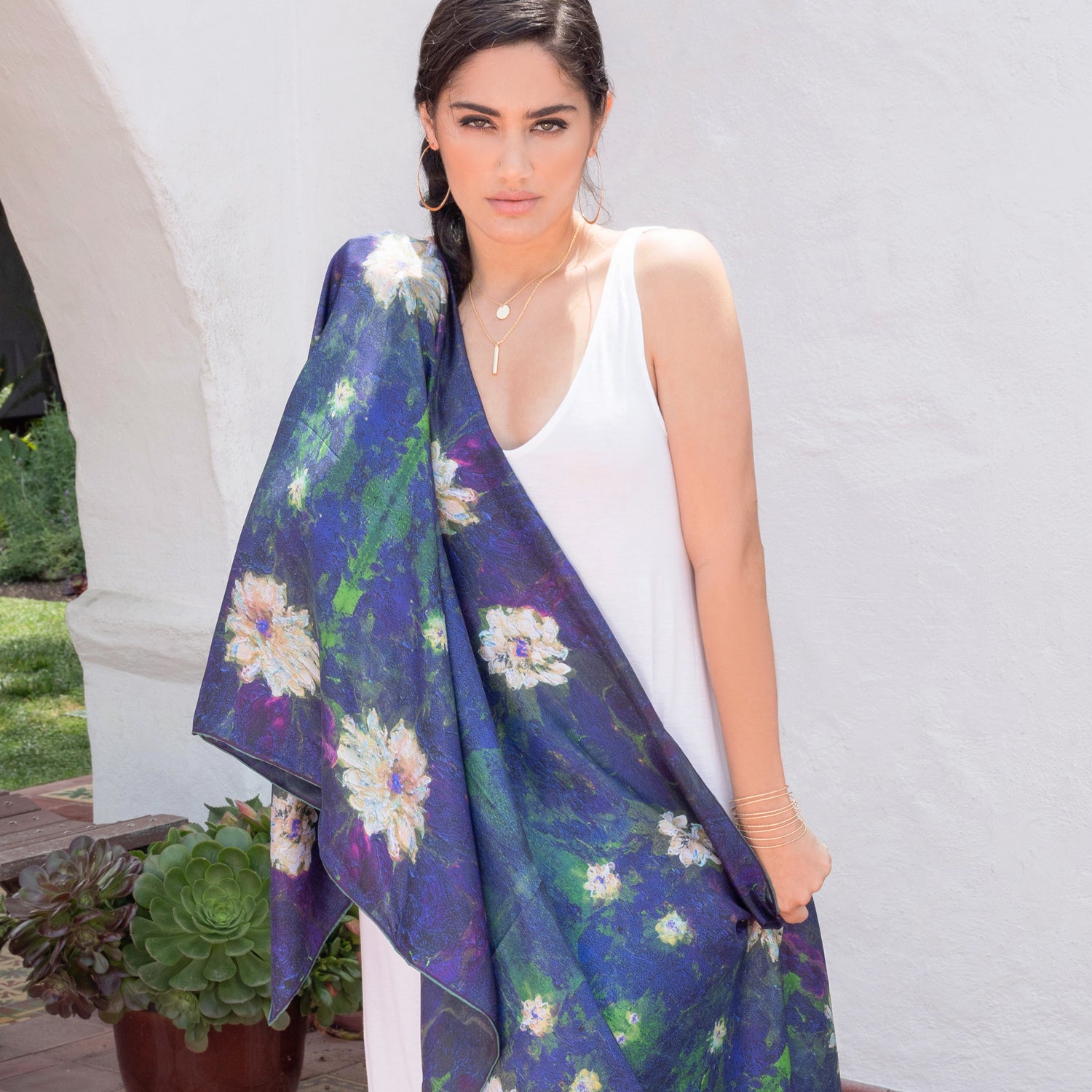 Chetna Singh abstract lotus silk scarf blue