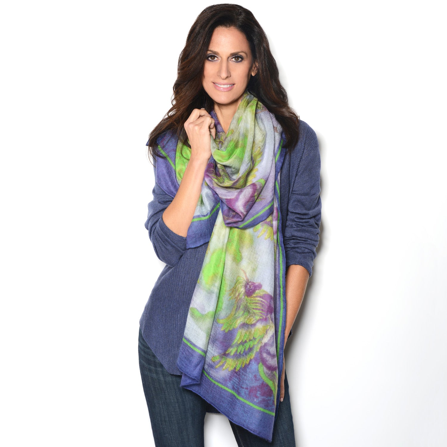 Model wearing Chetna Singh purple and green printed Phoenix cashmere scarf. 