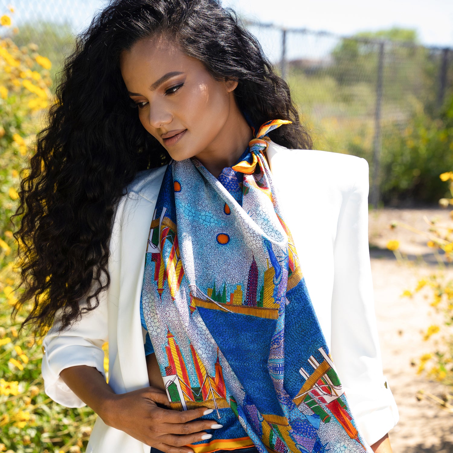 model in nyc silk square scarf from folklore collection by Chetna Singh