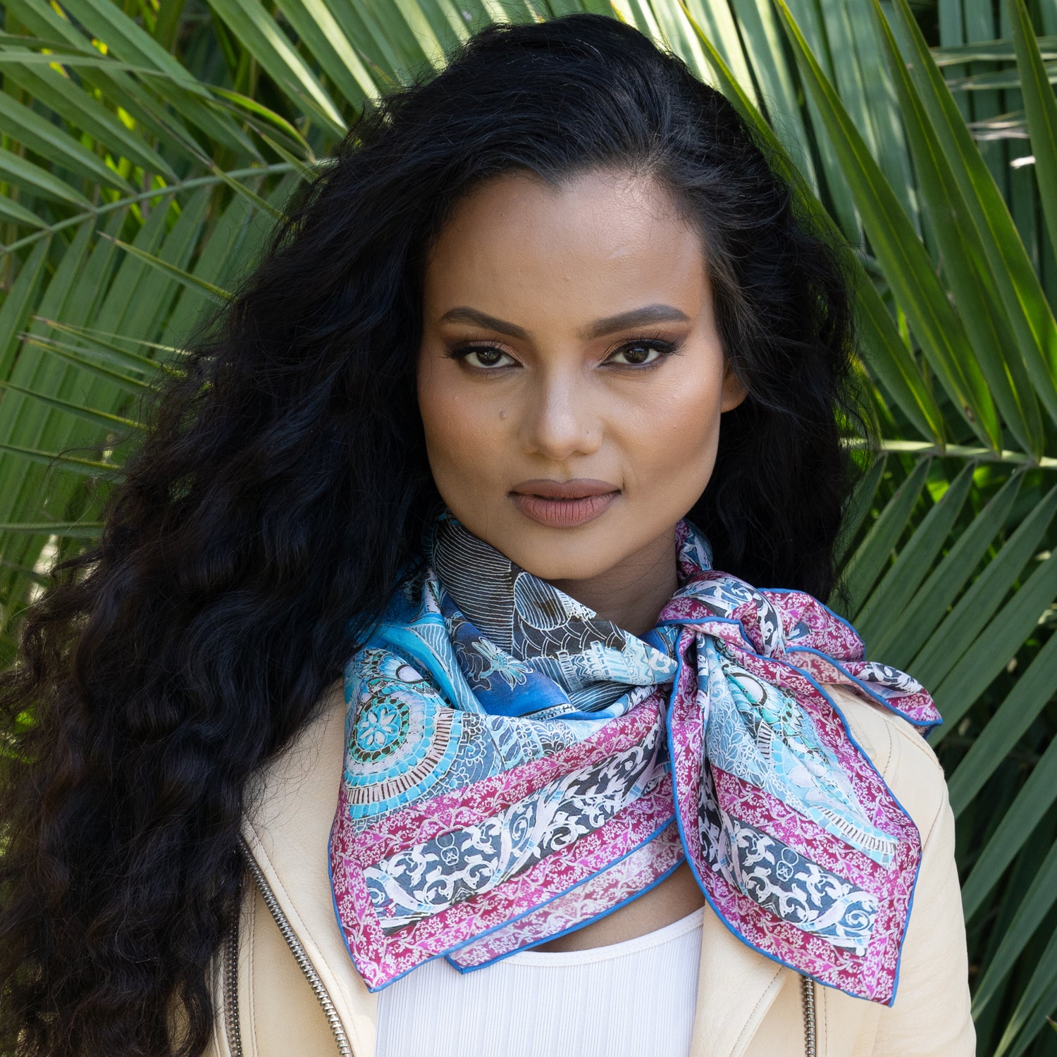 model picture of chetnasingh silk scarf, inspired by Ajanta caves in India