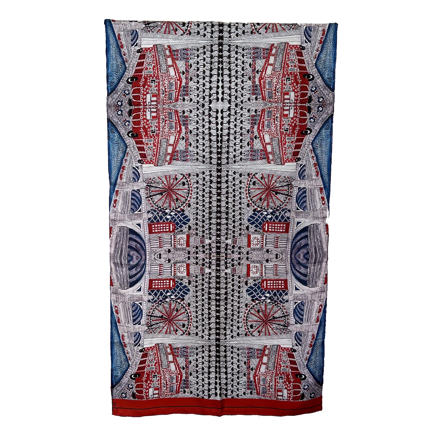 London long silk scarf, red white blue scarf with  cityscape, hand painted and printed on silk, folklore collection, chetnasingh scarves
