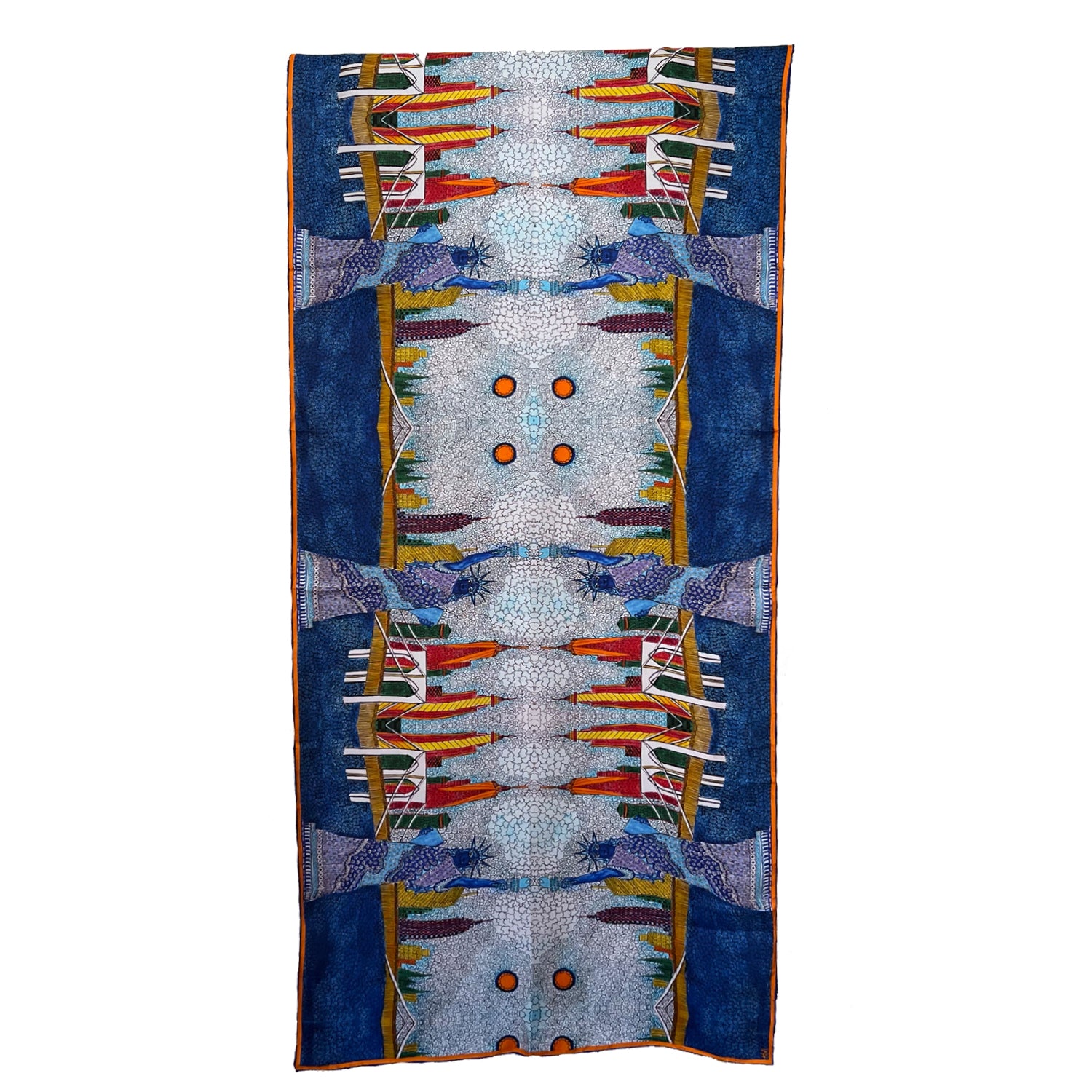 nyc long silk scarf with Statue of Liberty and city scape painted in folk style and printed on silk, chetnasingh scarves
