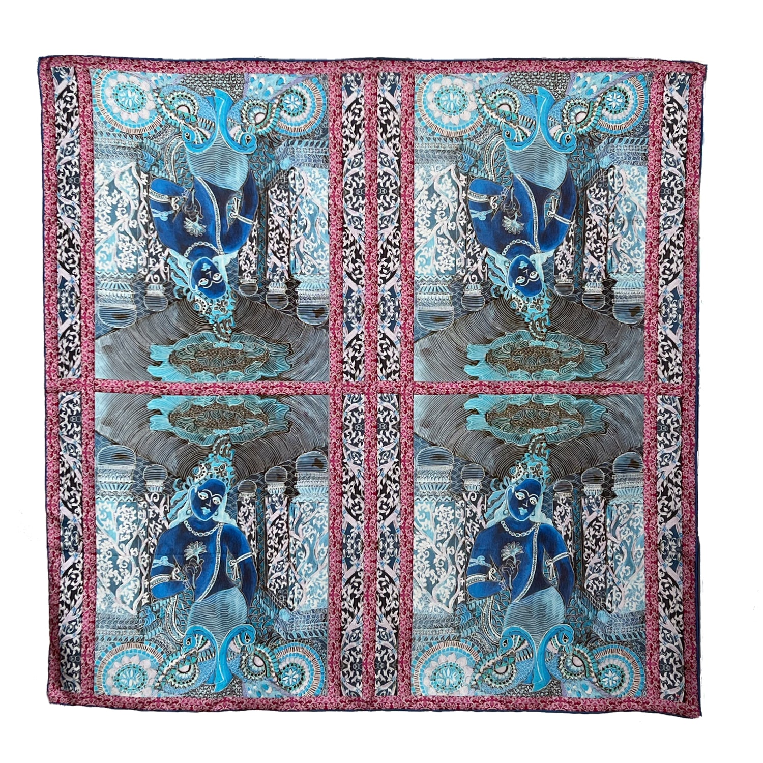 detail of silk scarf with blue and pink colors inspired by cave paintings of Ajanta in India. Chetna Singh Folklore collection